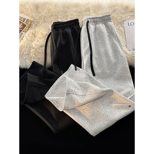Lorencho-Drawstring Waist Plain Wide Leg Sweatpants