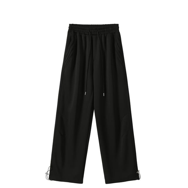 Lorencho-Drawstring Waist Plain Wide Leg Sweatpants