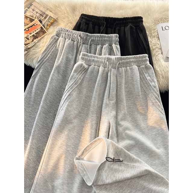 Lorencho-Drawstring Waist Plain Wide Leg Sweatpants