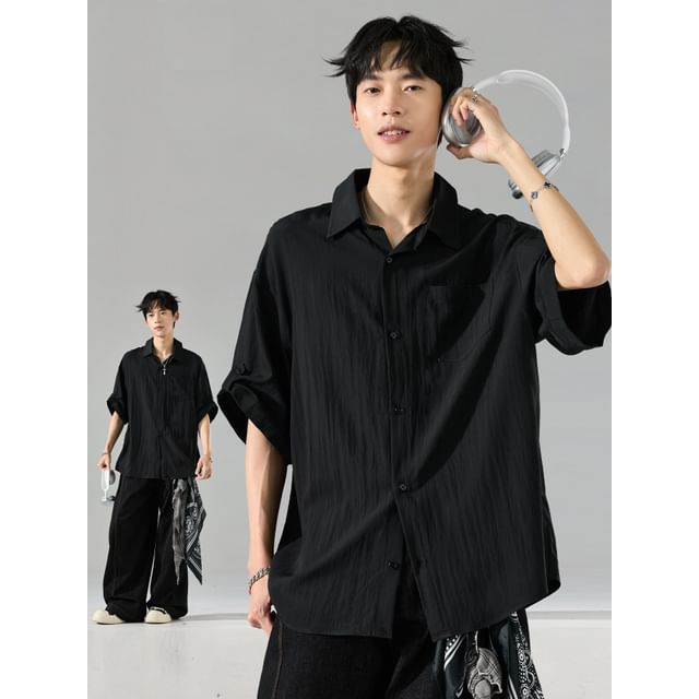 Lorencho-Elbow-Sleeve Plain Ruched Button Up Shirt