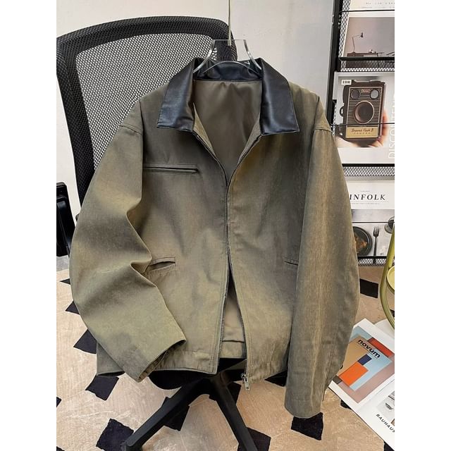 Lorencho-Faux Leather Panel Collared Zip Jacket