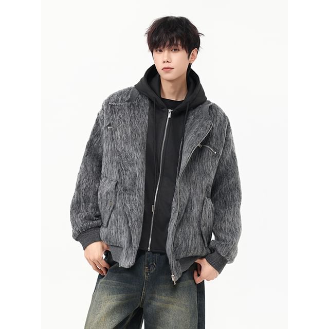 Lorencho-Hooded Fluffy Mock Two Piece Zip Jacket