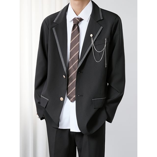 Lorencho-Lapel Collar Plain Contrast Trim Single-Breasted Blazer