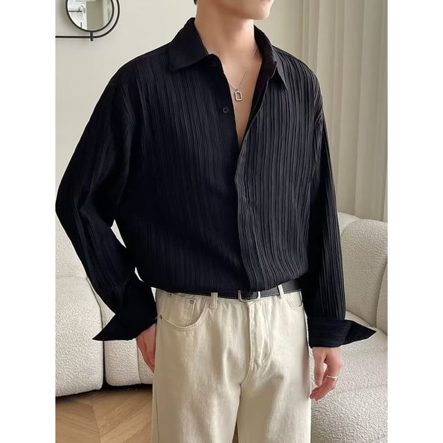 Lorencho-Long-Sleeve Collared Ribbed Button Up Shirt