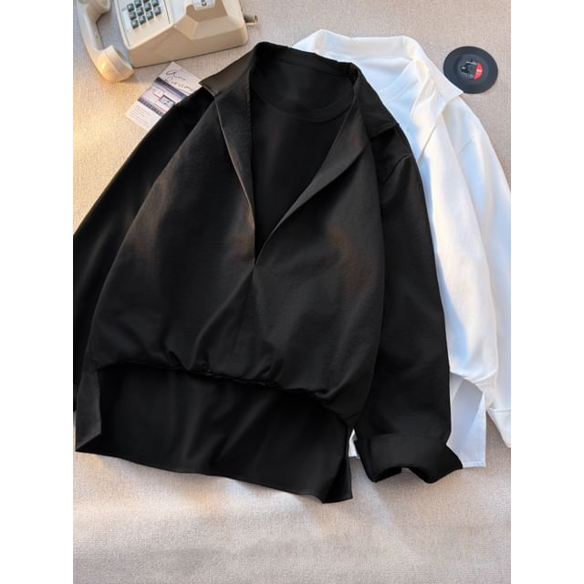 Lorencho-Long-Sleeve Collared V-Neck Plain Shirt
