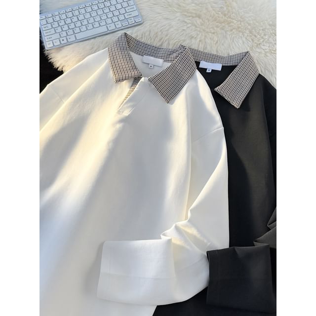 Lorencho-Long Sleeve Plaid Collared Plain Polo Shirt