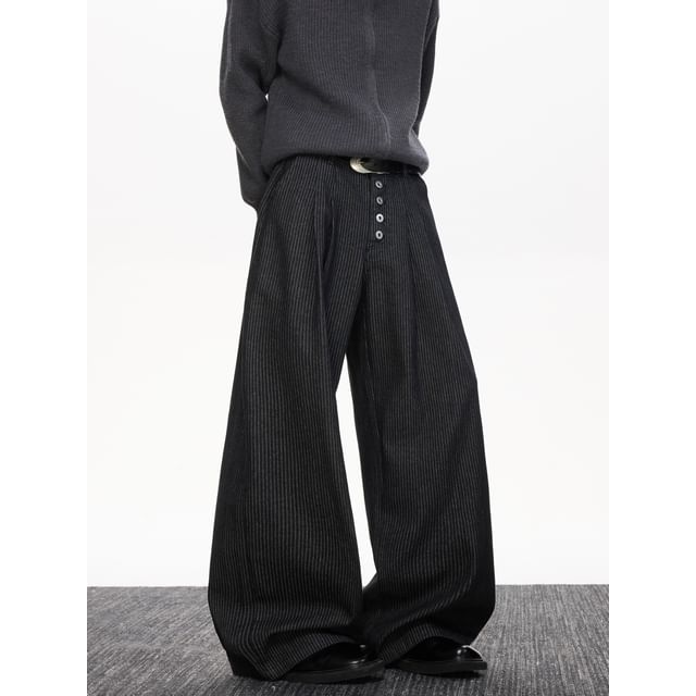 Lorencho-Mid Rise Pinstriped Wide Leg Pants