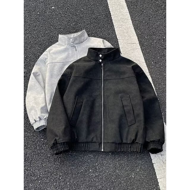 Lorencho-Mock Neck Faux Leather Zip Jacket