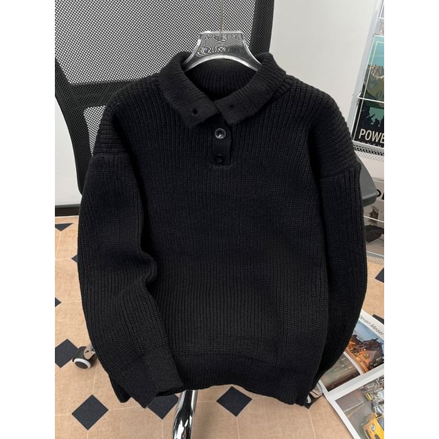 Lorencho-Mock Neck Plain Ribbed Knit Sweater