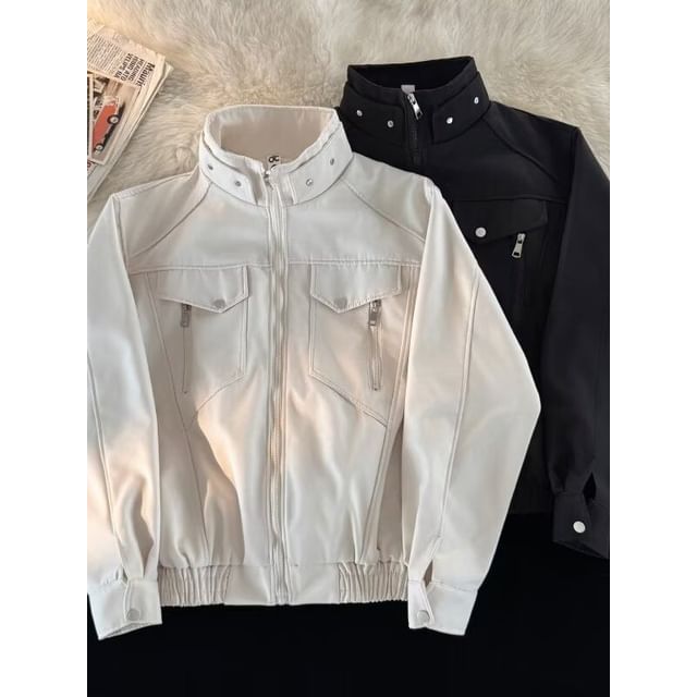 Lorencho-Mock Neck Plain Zip Jacket