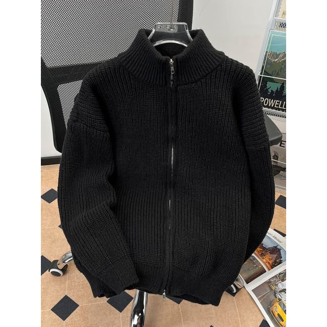 Lorencho-Mock Neck Plain Zip Ribbed Knit Jacket