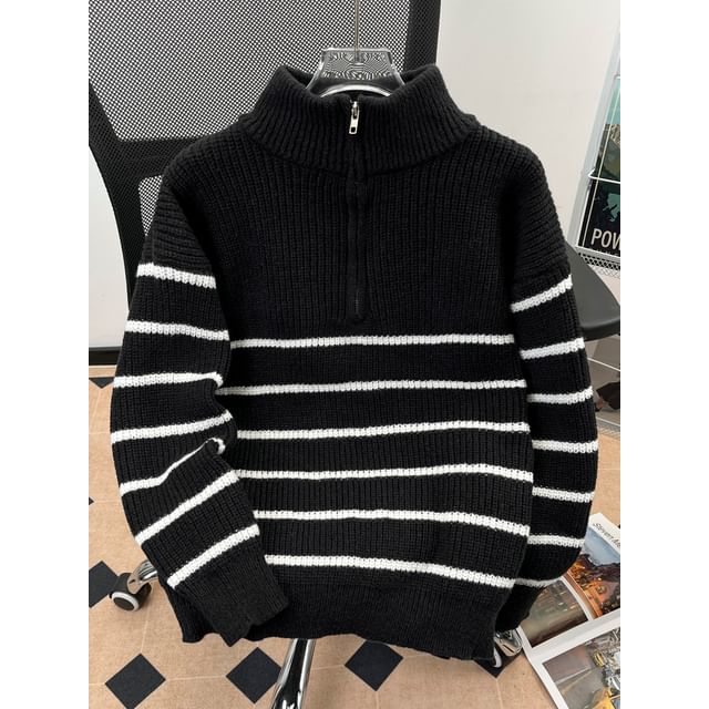 Lorencho-Mock Neck Striped Half Zip Sweater