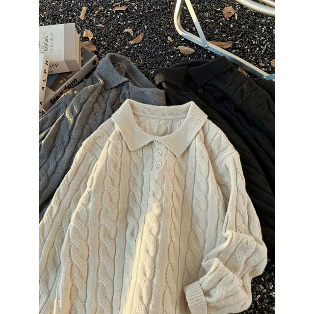 Lorencho-Plain Cable Knit Polo Sweater