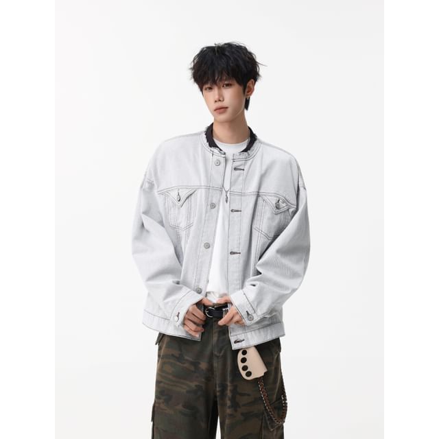 Lorencho-Round Neck Washed Denim Button Up Jacket