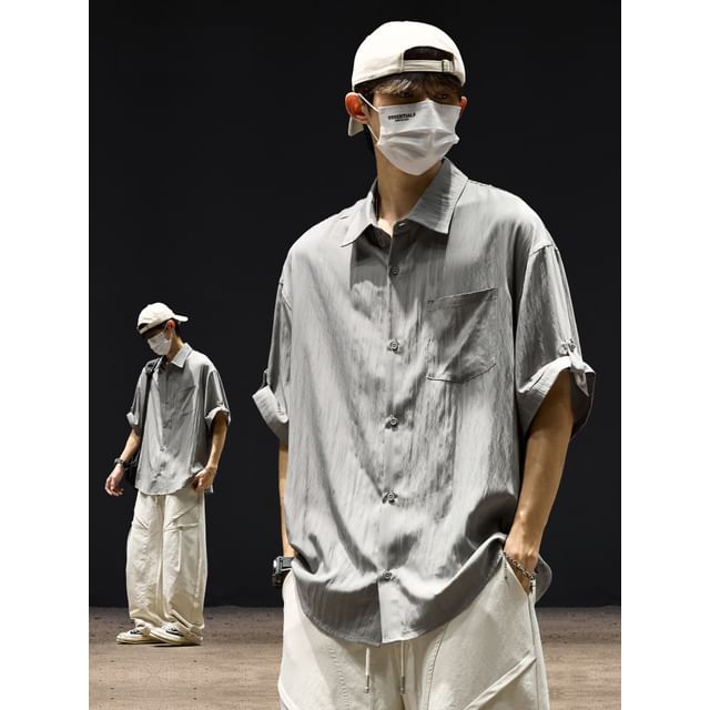 Lorencho-Short-Sleeve Collared Plain Button Up Shirt