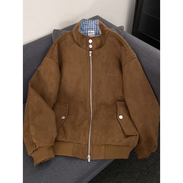Lorencho-Stand Collar Faux Suede Plaid Panel Zip Jacket