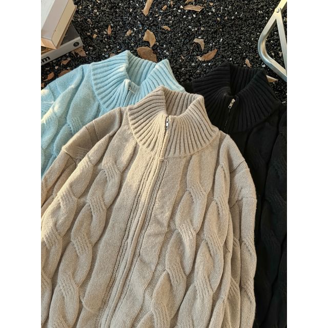 Lorencho-Stand Collar Plain Cable Knit Zip Cardigan
