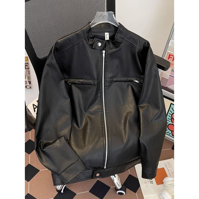 Lorencho-Stand Collar Plain Faux Leather Zip Jacket
