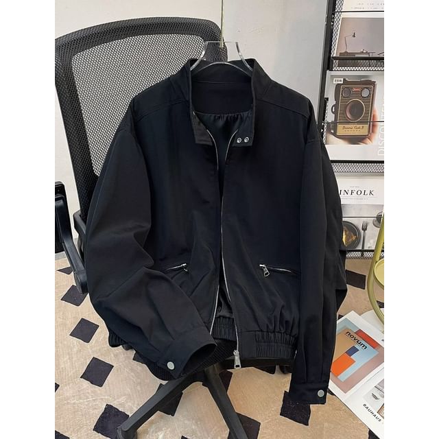 Lorencho-Stand Collar Plain Zip Jacket