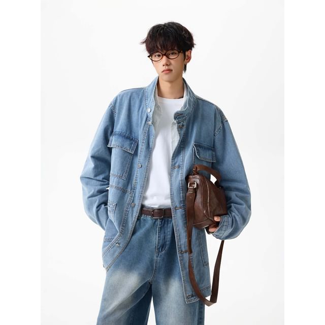 Lorencho-Stand Collar Washed Denim Button Up Jacket