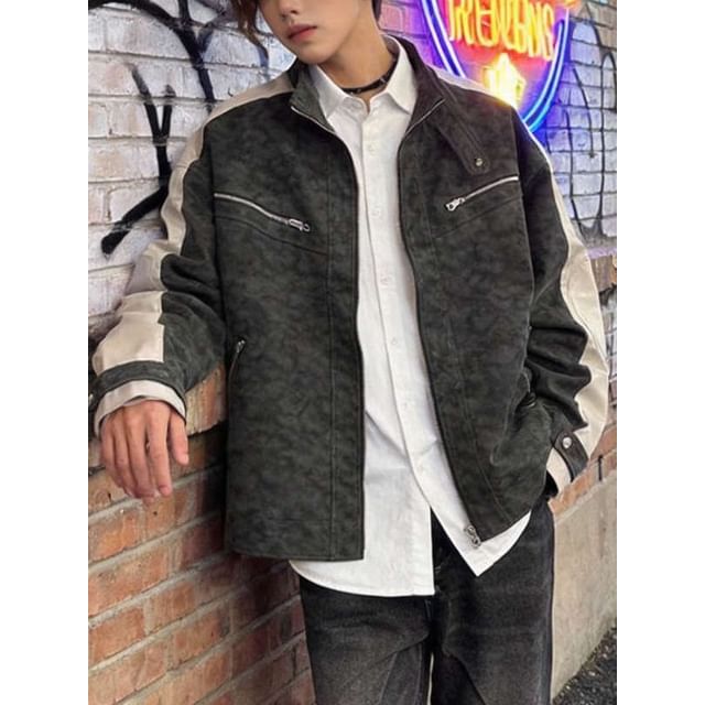 Lorencho-Stand Collar Washed Two Tone Zip Jacket