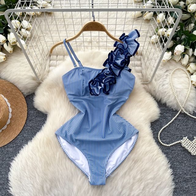Lucuna-Asymmetrical Pinstripe Swimsuit