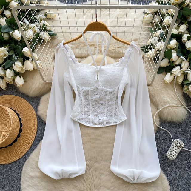 Lucuna-Balloon Sleeve Halter Square Neck Plain Panel Lace Top
