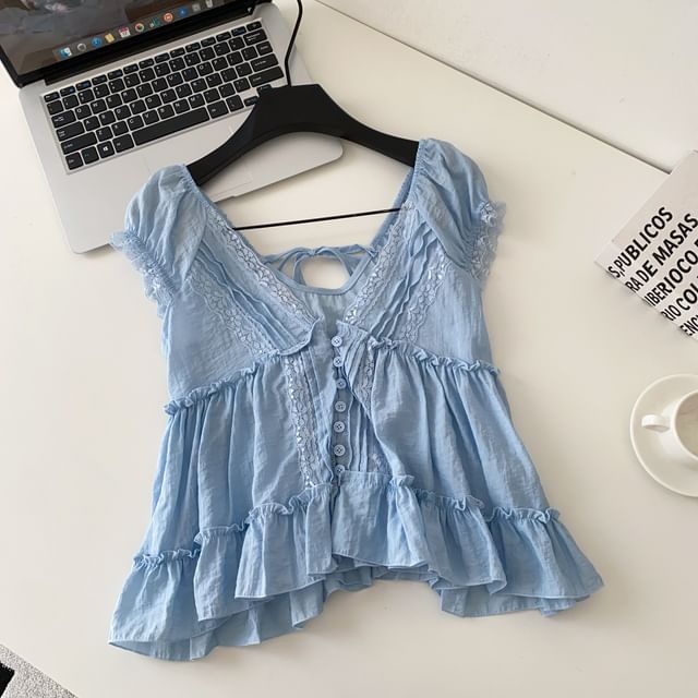 Lucuna-Cap Sleeve V-Neck Plain Ruffle Tie Back Panel Lace Blouse