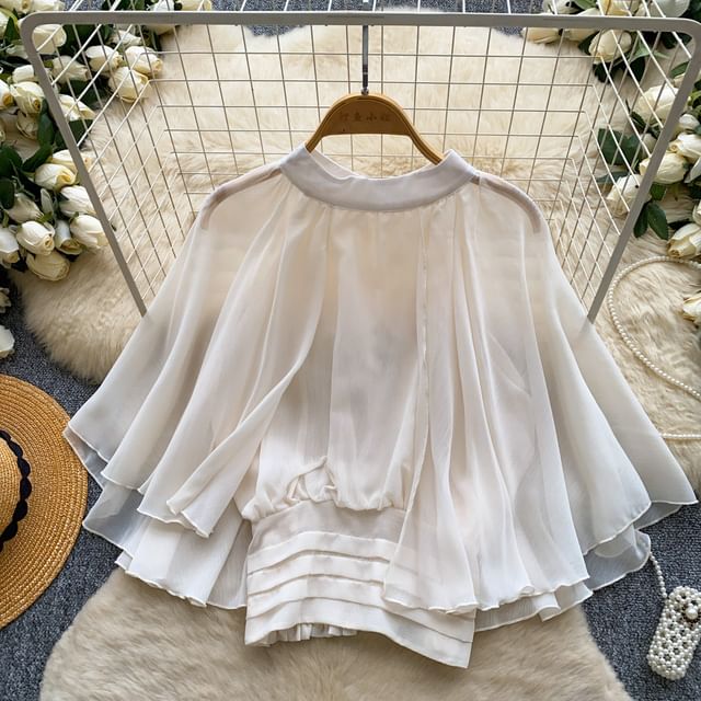 Lucuna-Cape Sleeve Mock Neck Plain Mesh Blouse