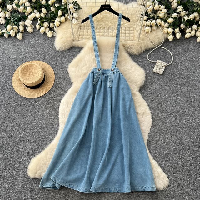 Lucuna-Denim Suspender Maxi A-Line Skirt