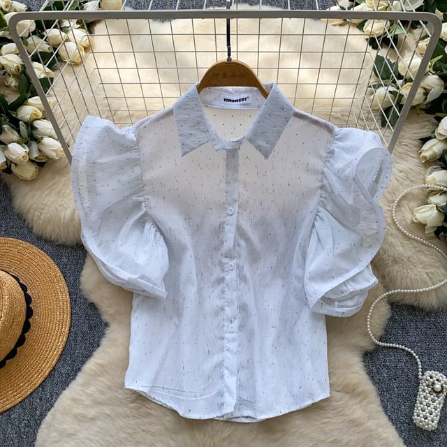 Lucuna-Flutter Sleeve Collared Rhinestone Blouse