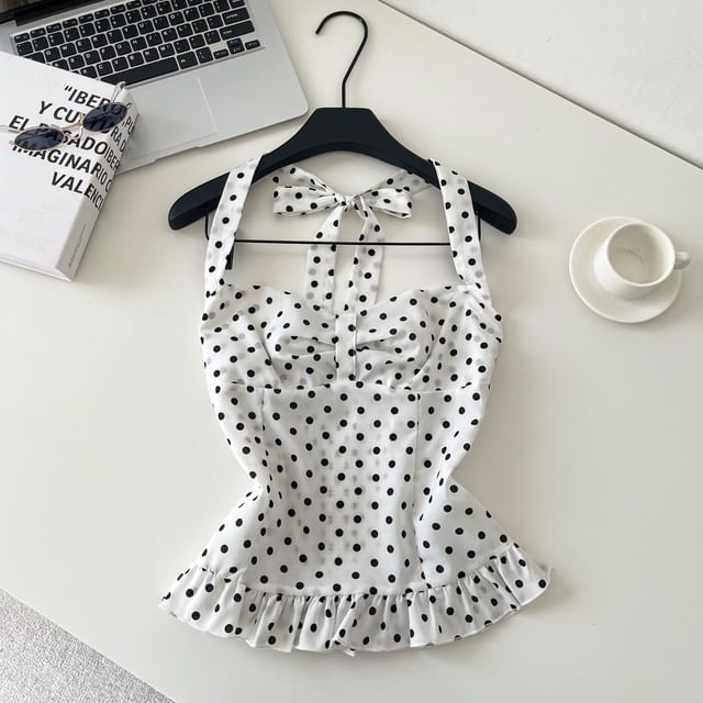 Lucuna-Halter Neck Dotted Ruffle Trim Camisole Top