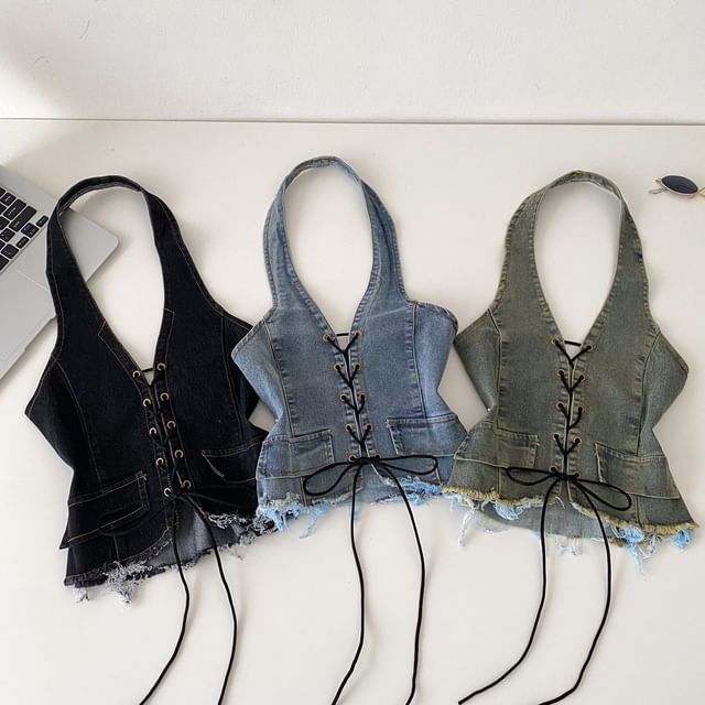 Lucuna-Halter Neck Lace-Up Denim Crop Top