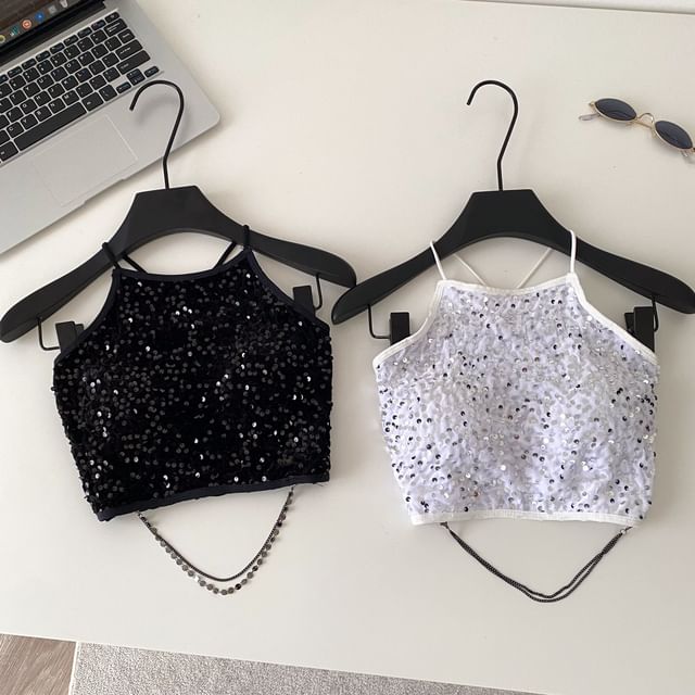 Lucuna-Halter Neck Sequin Crop Top