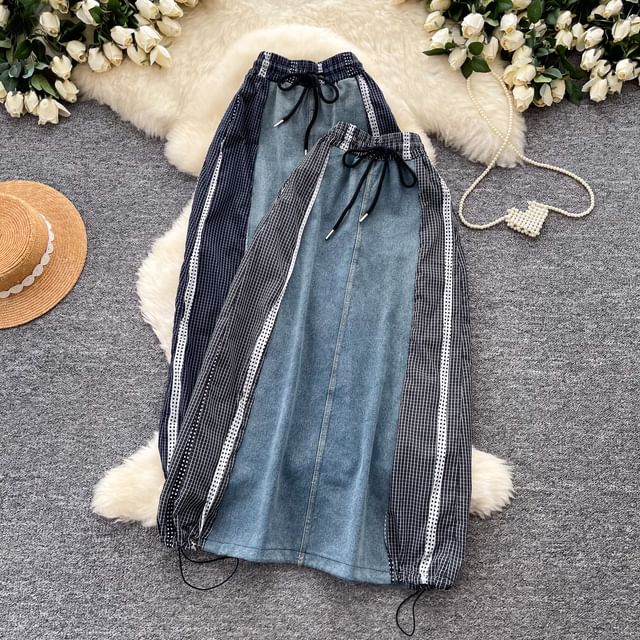 Lucuna-High Waist Plaid Patchwork Denim Maxi A-Line Skirt