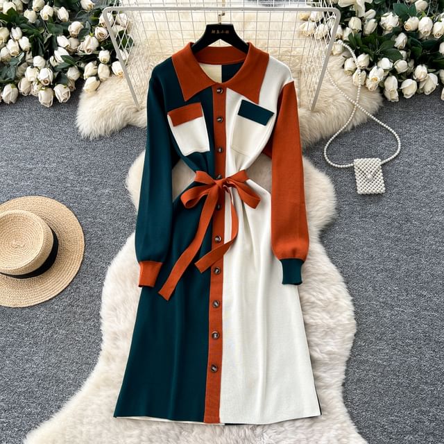 Lucuna-Long-Sleeve Collar Color Block Sashed Button Front Midi A-Line Knit Dress