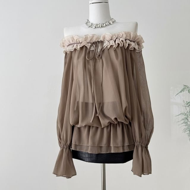 Lucuna-Long-Sleeve Off Shoulder Frill Trim Blouse