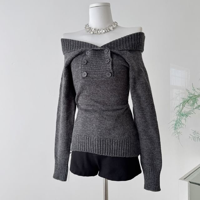 Lucuna-Long-Sleeve Off Shoulder Plain Knit Top