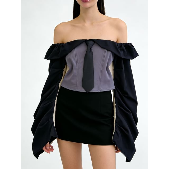 Lucuna-Long-Sleeve Off-Shoulder Two Tone Cropped Blouse
