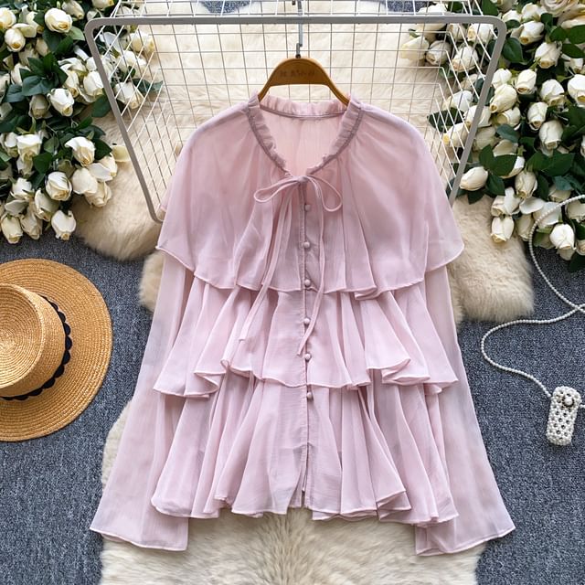 Lucuna-Long-Sleeve Plain Frill Trim Tiered Blouse