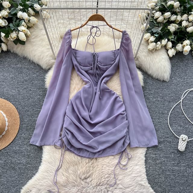 Lucuna-Long Sleeve Square Neck Plain Drawstring Padded Mini Sheath Dress