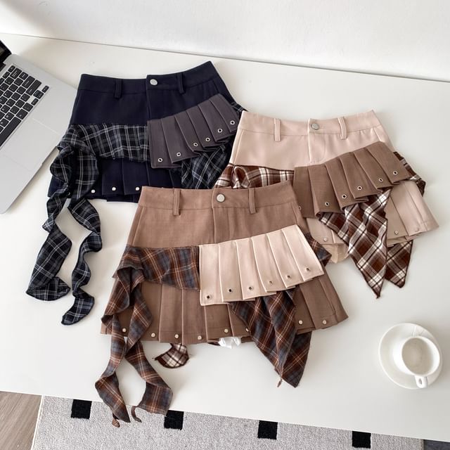 Lucuna-Low Waist Plaid Panel Mini Pleated Skirt