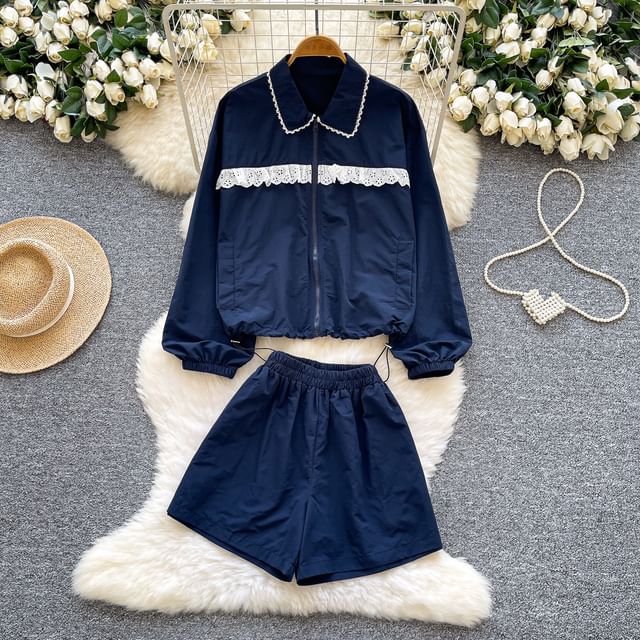 Lucuna-Set Collared Lace Panel Drawstring Hem Zip-Up Jacket High Waist Plain Wide Leg Shorts