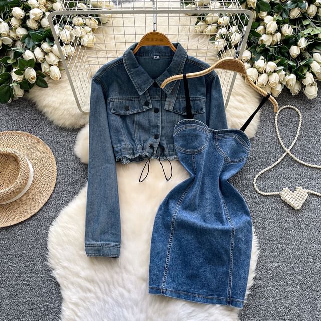 bodycon dress with denim shirt Women's Outfit: White Bodycon Dress, Light Blue Denim Shirt, Beige Leather Gladiator Sandals, Gold Pendant