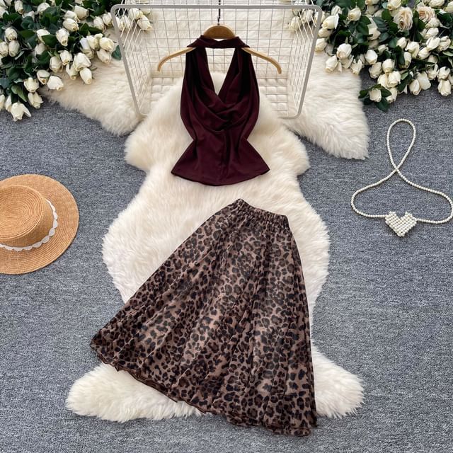 Lucuna-Set Cowl Neck Plain Halter Top Elastic Waist Leopard Print Midi A-Line Skirt