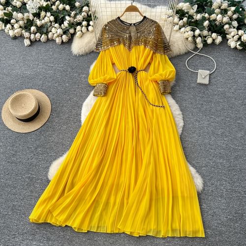 Lucuna - Set: Long-Sleeve Crew Neck Sequin Mesh Panel Accordion Pleated  Maxi A-Line Dress + Flower Waist Chain | YesStyle