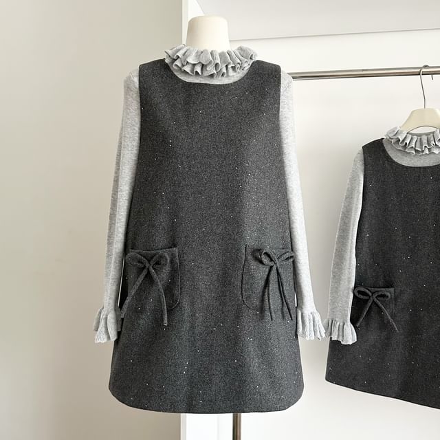 Lucuna-Set Long Sleeve Ruffle Collar Plain Top Round Neck Plain Glitter Bow Mini A-Line Overall Dress