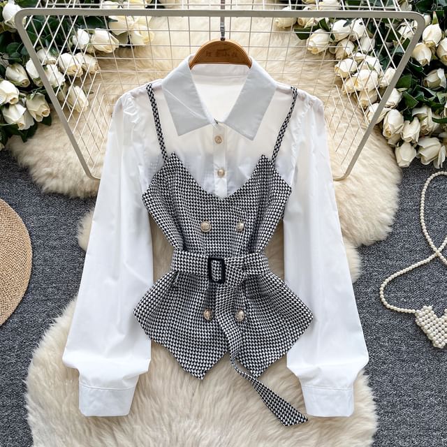 Lucuna-Set Mock Two-Piece Long-Sleeve Collared Double-Breasted Blouse Belt