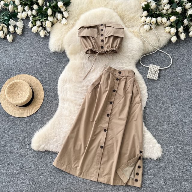 Lucuna-Set Plain Flap Pocket Drawstring Button Padded Cropped Tube Top High Waist Slit Midi A-Line Skirt