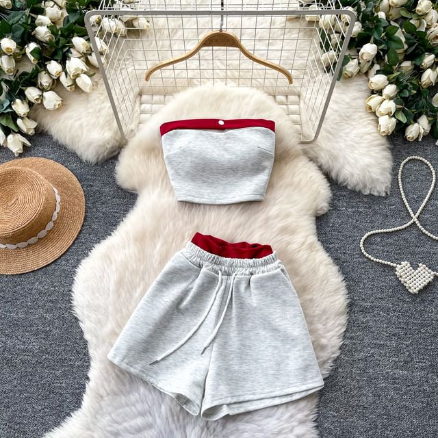 Lucuna-Set Strapless Two Tone Crop Tube Top Drawstring Double Waist Shorts